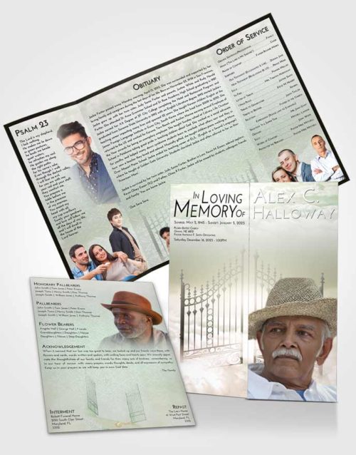 Obituary Funeral Template Gatefold Memorial Brochure Emerald Sunrise Gates to Heaven