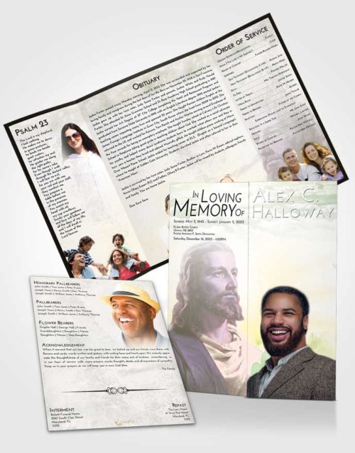 Obituary Funeral Template Gatefold Memorial Brochure Emerald Sunrise Gaze of Jesus