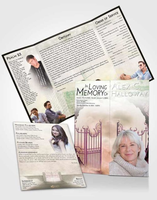 Obituary Funeral Template Gatefold Memorial Brochure Emerald Sunrise Mystical Gates of Heaven