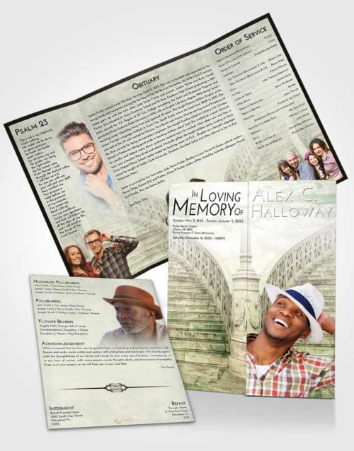 Obituary Funeral Template Gatefold Memorial Brochure Emerald Sunrise Stairway of Love