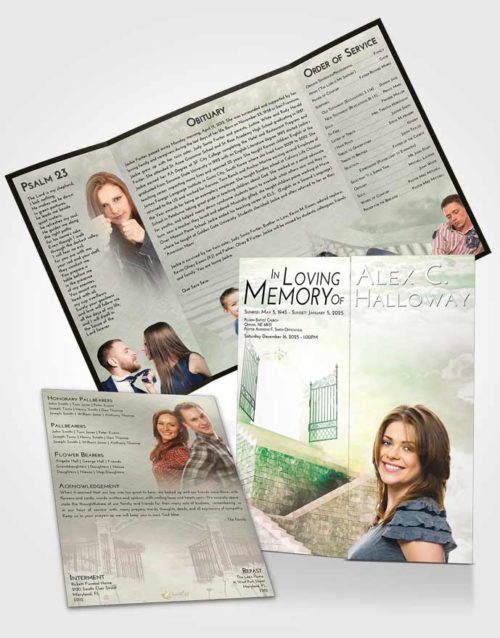 Obituary Funeral Template Gatefold Memorial Brochure Emerald Sunrise Stairway to the Gates of Heaven