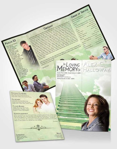 Obituary Funeral Template Gatefold Memorial Brochure Emerald Sunrise Steps to Heaven