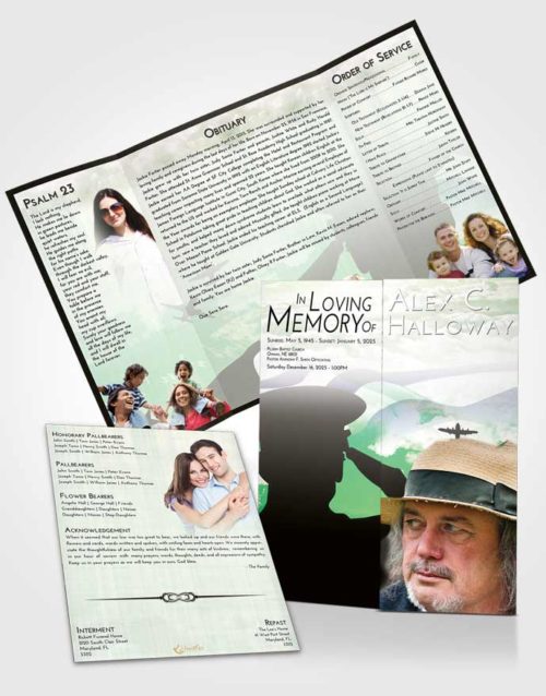 Obituary Funeral Template Gatefold Memorial Brochure Emerald Sunrise Veterans Sacrifice