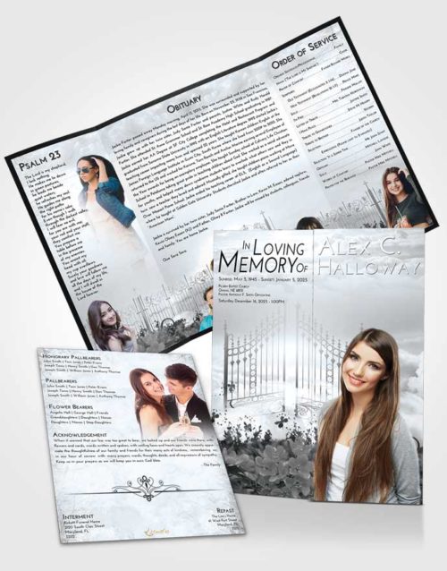 Obituary Funeral Template Gatefold Memorial Brochure Freedom Flowery Gates to Heaven