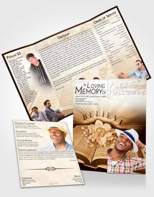 Obituary Funeral Template Gatefold Memorial Brochure Golden Peach Bible Belief