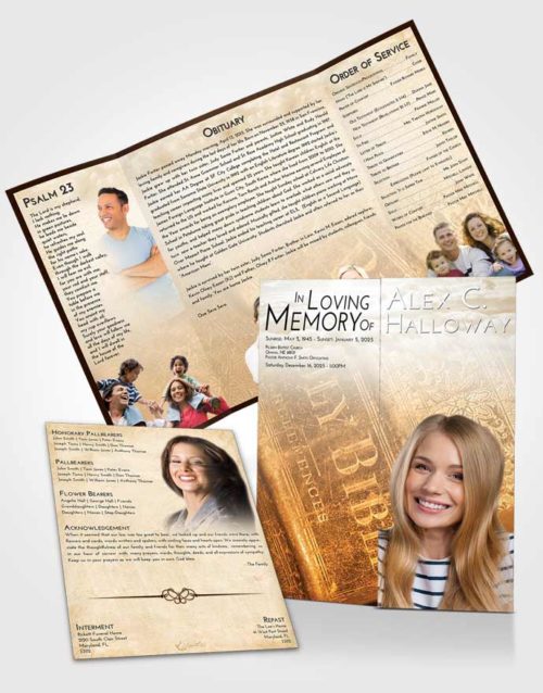 Obituary Funeral Template Gatefold Memorial Brochure Golden Peach Bible Grace