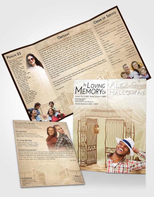 Obituary Funeral Template Gatefold Memorial Brochure Golden Peach Dreamy Gates to Heaven