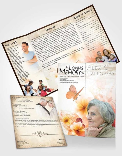 Obituary Funeral Template Gatefold Memorial Brochure Golden Peach Floral Butterfly