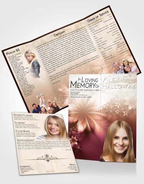 Obituary Funeral Template Gatefold Memorial Brochure Golden Peach Floral Lust