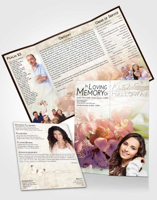 Obituary Funeral Template Gatefold Memorial Brochure Golden Peach Floral Magic