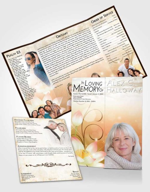 Obituary Funeral Template Gatefold Memorial Brochure Golden Peach Floral Peace