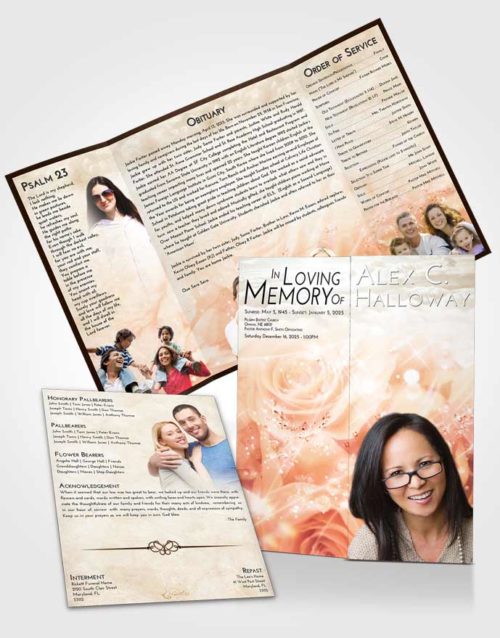 Obituary Funeral Template Gatefold Memorial Brochure Golden Peach Floral Relaxation