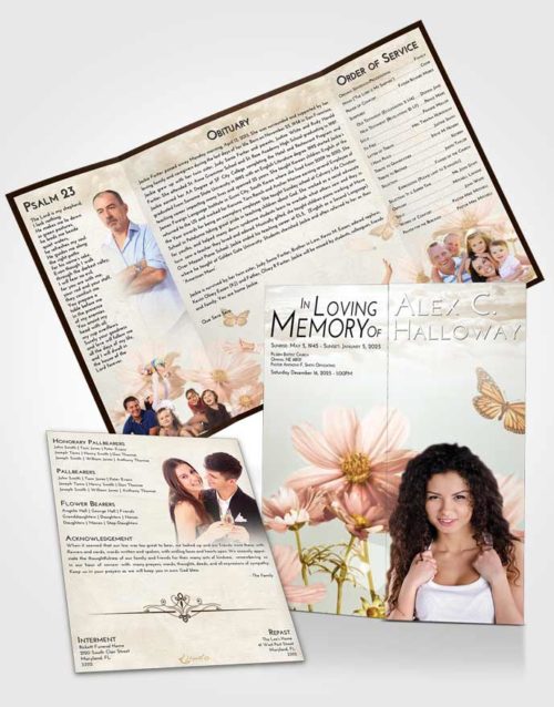 Obituary Funeral Template Gatefold Memorial Brochure Golden Peach Floral Sky
