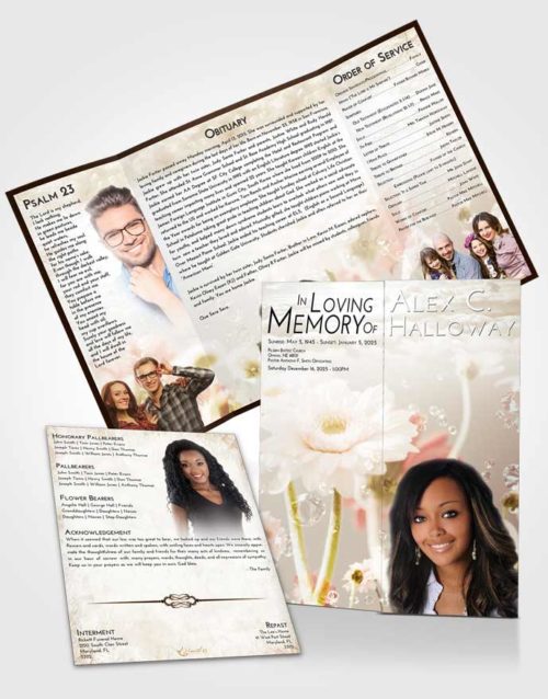 Obituary Funeral Template Gatefold Memorial Brochure Golden Peach Floral Tranquility