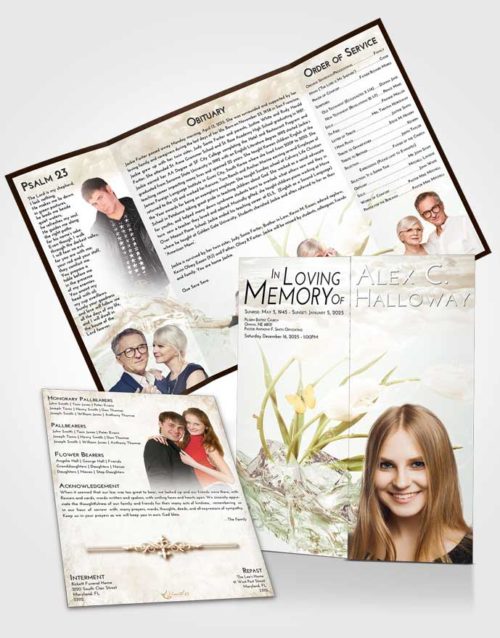 Obituary Funeral Template Gatefold Memorial Brochure Golden Peach Floral Wave