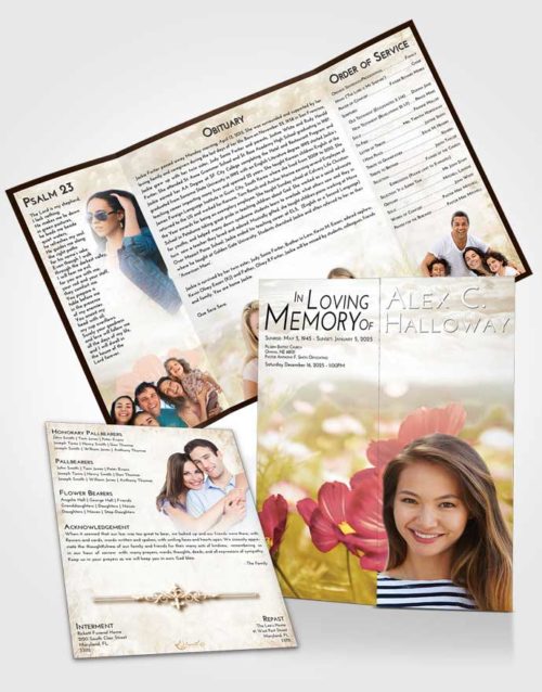 Obituary Funeral Template Gatefold Memorial Brochure Golden Peach Floral Whispers