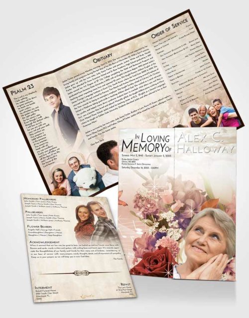 Obituary Funeral Template Gatefold Memorial Brochure Golden Peach Floral Wonderland
