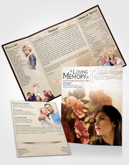 Obituary Funeral Template Gatefold Memorial Brochure Golden Peach Flower Magic