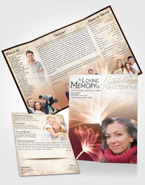 Obituary Funeral Template Gatefold Memorial Brochure Golden Peach Flower Peace