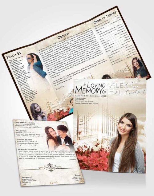 Obituary Funeral Template Gatefold Memorial Brochure Golden Peach Flowery Gates to Heaven