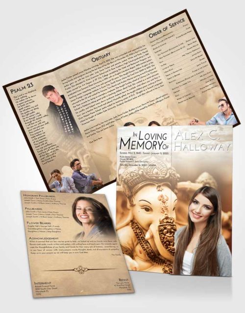Obituary Funeral Template Gatefold Memorial Brochure Golden Peach Ganesha Desire