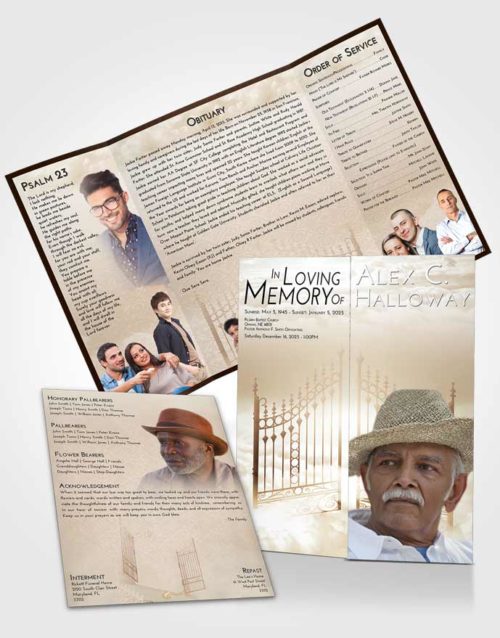 Obituary Funeral Template Gatefold Memorial Brochure Golden Peach Gates to Heaven