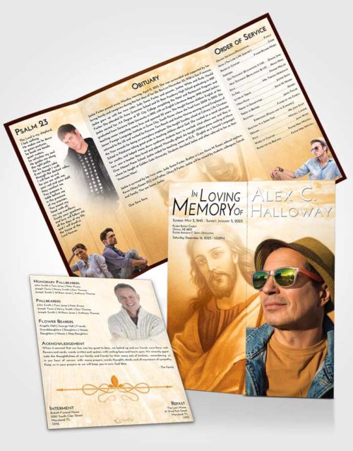 Obituary Funeral Template Gatefold Memorial Brochure Golden Peach Life of Jesus