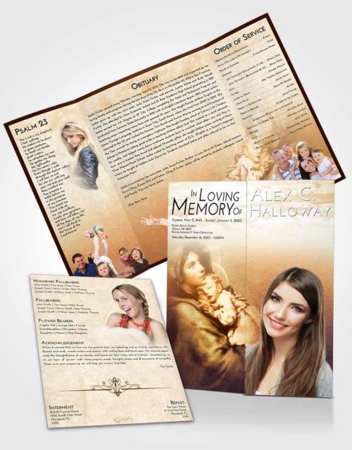 Obituary Funeral Template Gatefold Memorial Brochure Golden Peach Mary and Jesus