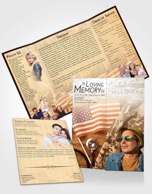 Obituary Funeral Template Gatefold Memorial Brochure Golden Peach Military Medical