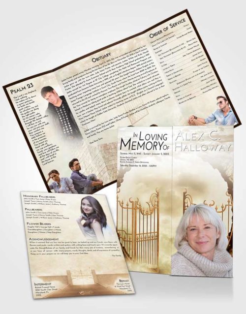Obituary Funeral Template Gatefold Memorial Brochure Golden Peach Mystical Gates of Heaven