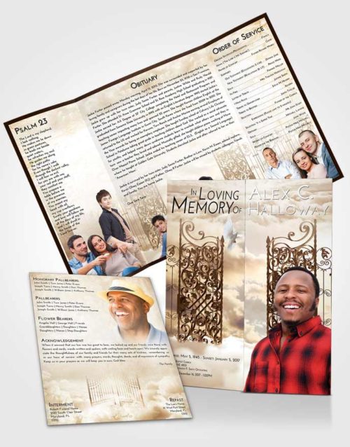 Obituary Funeral Template Gatefold Memorial Brochure Golden Peach Pearly Gates of Heaven