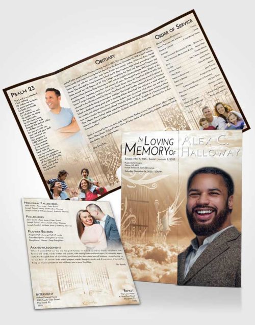 Obituary Funeral Template Gatefold Memorial Brochure Golden Peach Precious Gates to Heaven