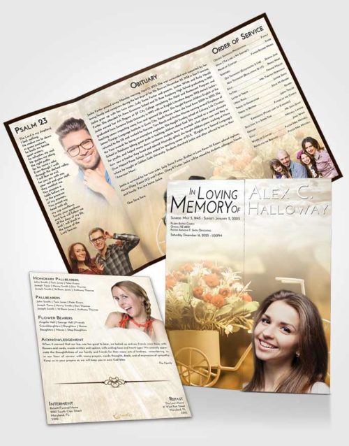 Obituary Funeral Template Gatefold Memorial Brochure Golden Peach Rose Love