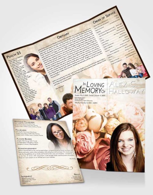 Obituary Funeral Template Gatefold Memorial Brochure Golden Peach Rose Magic