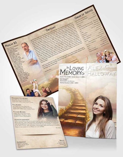 Obituary Funeral Template Gatefold Memorial Brochure Golden Peach Stairway Above