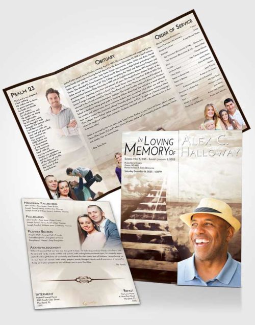 Obituary Funeral Template Gatefold Memorial Brochure Golden Peach Stairway for the Soul