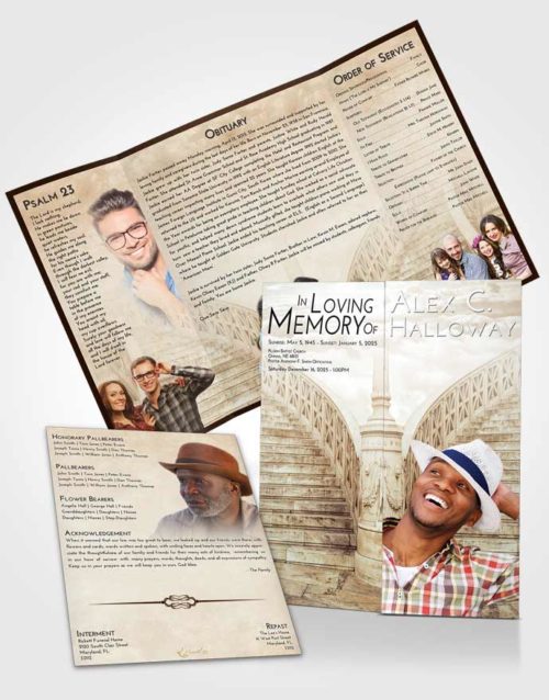 Obituary Funeral Template Gatefold Memorial Brochure Golden Peach Stairway of Love
