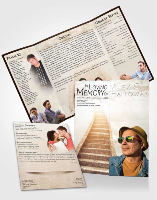 Obituary Funeral Template Gatefold Memorial Brochure Golden Peach Stairway to Bliss