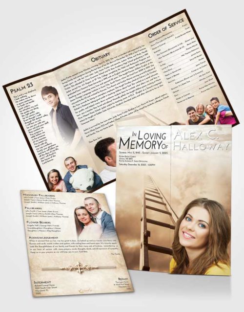 Obituary Funeral Template Gatefold Memorial Brochure Golden Peach Stairway to Forever