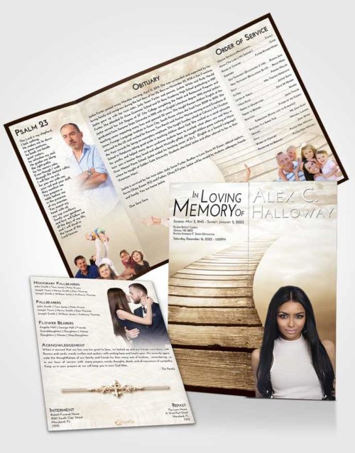 Obituary Funeral Template Gatefold Memorial Brochure Golden Peach Stairway to Life
