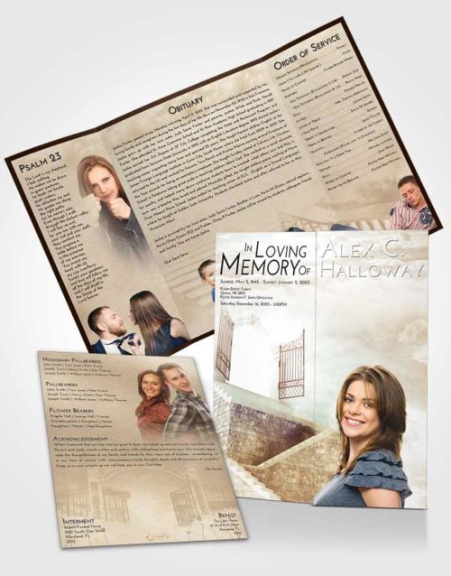 Obituary Funeral Template Gatefold Memorial Brochure Golden Peach Stairway to the Gates of Heaven
