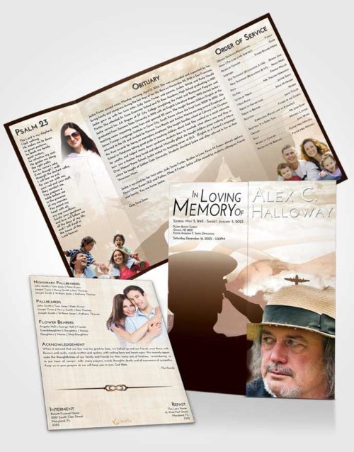 Obituary Funeral Template Gatefold Memorial Brochure Golden Peach Veterans Sacrifice