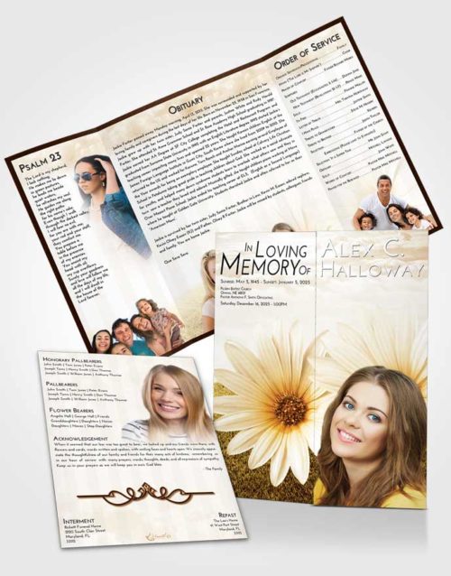 Obituary Funeral Template Gatefold Memorial Brochure Golden Summer Flower