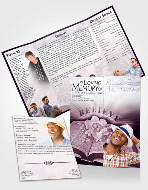 Obituary Funeral Template Gatefold Memorial Brochure Lavender Sunrise Bible Belief