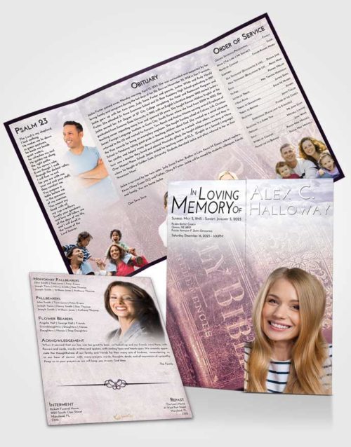Obituary Funeral Template Gatefold Memorial Brochure Lavender Sunrise Bible Grace