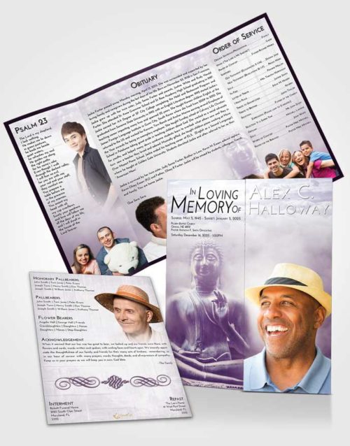 Obituary Funeral Template Gatefold Memorial Brochure Lavender Sunrise Buddha Desire
