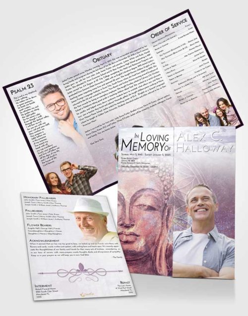 Obituary Funeral Template Gatefold Memorial Brochure Lavender Sunrise Buddha Praise