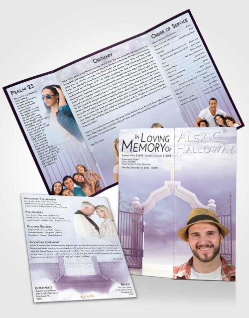 Obituary Funeral Template Gatefold Memorial Brochure Lavender Sunrise Clear Gates For Heaven