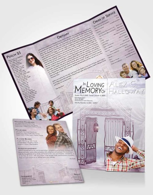 Obituary Funeral Template Gatefold Memorial Brochure Lavender Sunrise Dreamy Gates to Heaven
