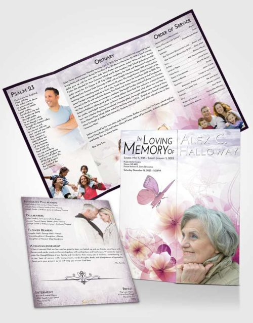 Obituary Funeral Template Gatefold Memorial Brochure Lavender Sunrise Floral Butterfly